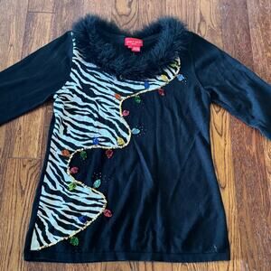 VTG Christmas Lights Sweater Womens L Faux Fur Collar Ugly Christmas Zebra